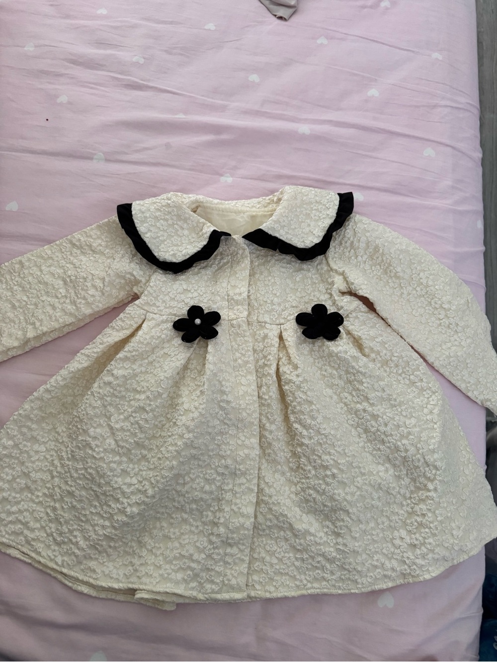 Cream Floral Textured Girls' Coat with Black Trim